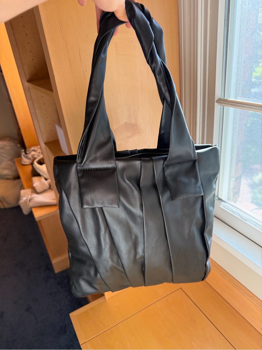 Zara Black Pleated Faux Leather Messenger Tote